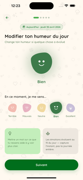 Écran de saisie d'humeur avec cinq options